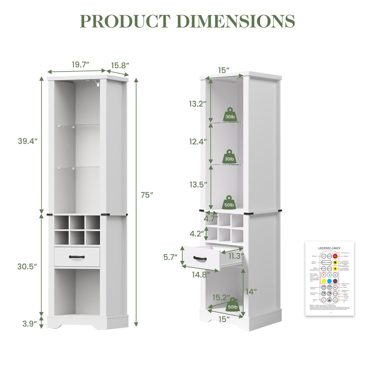 RoyalCraft 75'' Tall Storage Cabinet with LED Light, Farmhouse Pantry Cabinet with Tempered Glass Adjustable Shelves & Wine Storage Rack, Freestanding Linen Tower for Bathroom, Living Room,White