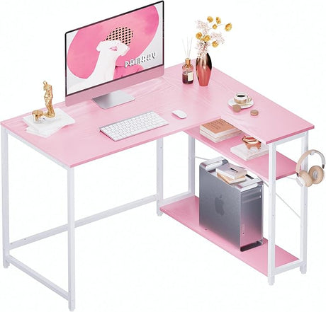 43 Inch L Shaped Computer Desk with Reversible Side Storage Shelves, Small Corner Desk