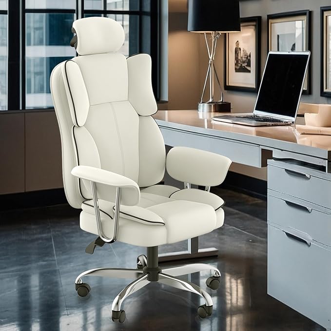 Big and Tall Office Chair 400lbs PU Leather Computer Chair with Footrest and Lumbar Support Executive Chair Swivel Chair Desk Chair Adjustable Height & Reclining Backrest Brown