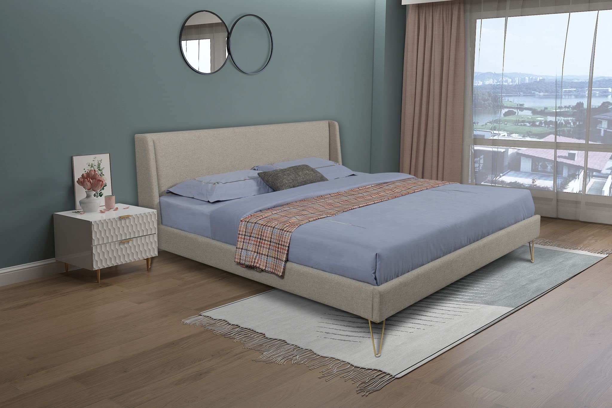 Upholstered Bed Frame with Unique Angled Brass Legs