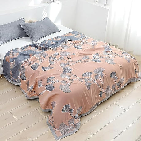 Reversible Quilt Ginkgo Leaves Embroidered, Light Weight Muslin Comforter Warm & Soft