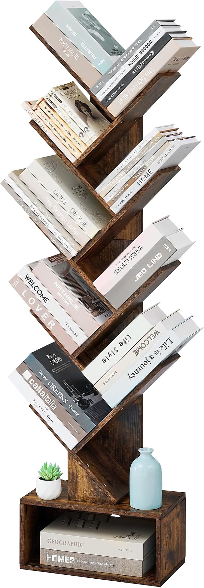 9 Tier Tree Bookshelf with Drawer Bookcase, Floor Standing Book Storage Shelf