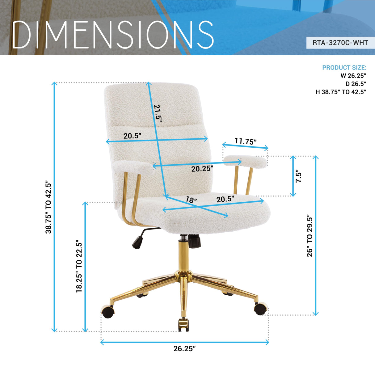 White Boucle Office Chair with Gold Base - Height Adjustable Desk Chair