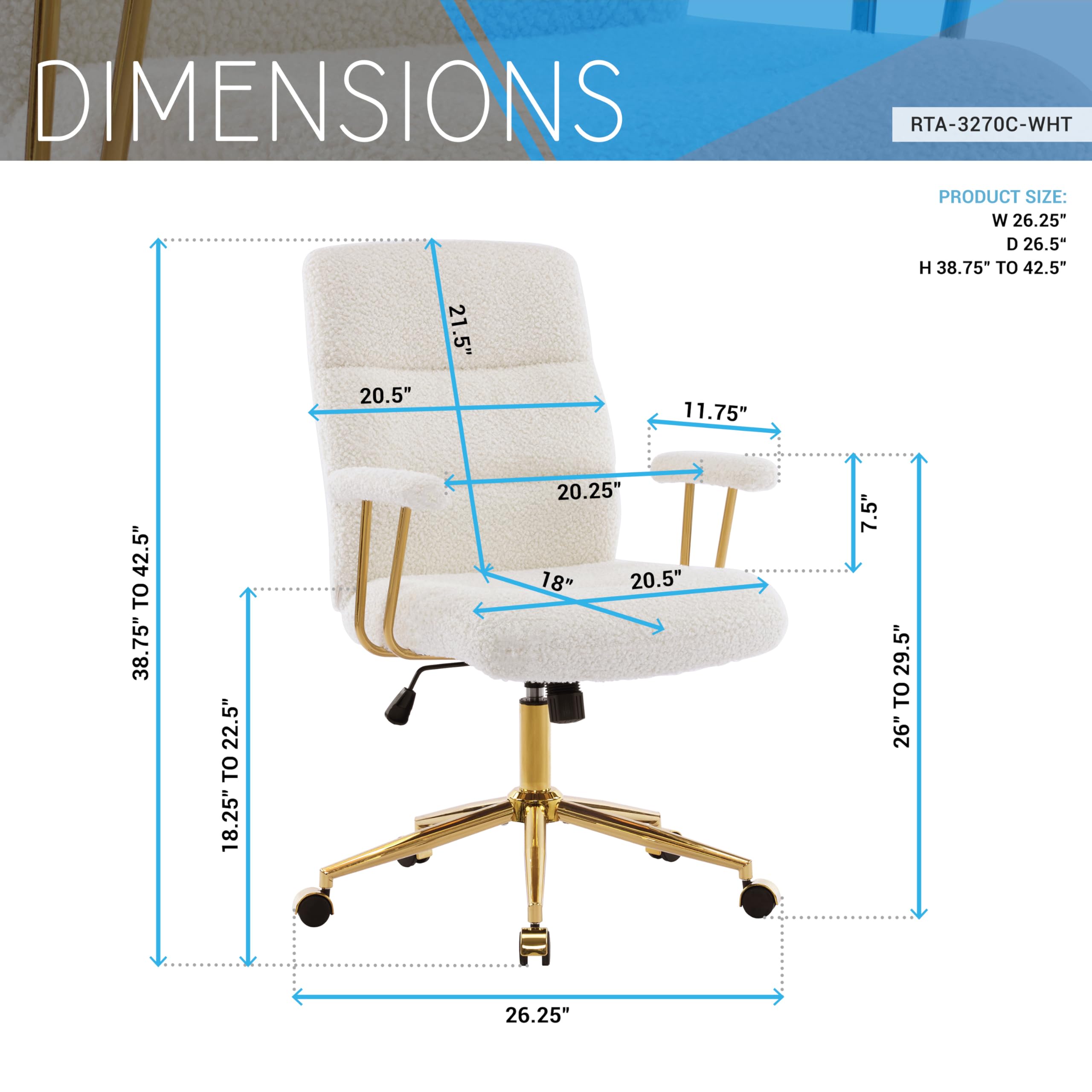 White Boucle Office Chair with Gold Base - Height Adjustable Desk Chair