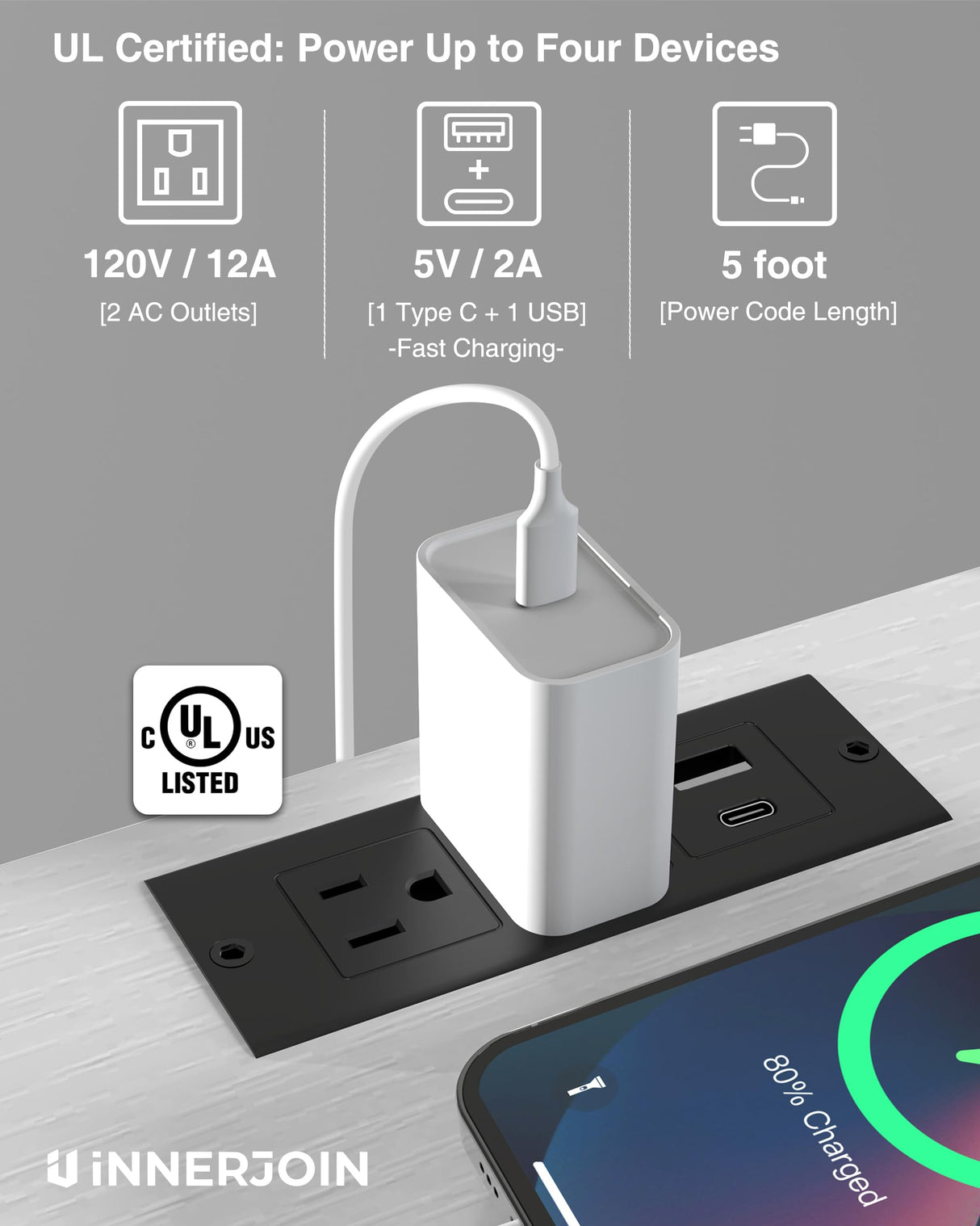 Side Table with Charging Station Set of 2, C Shaped End Table with LED Light Strip