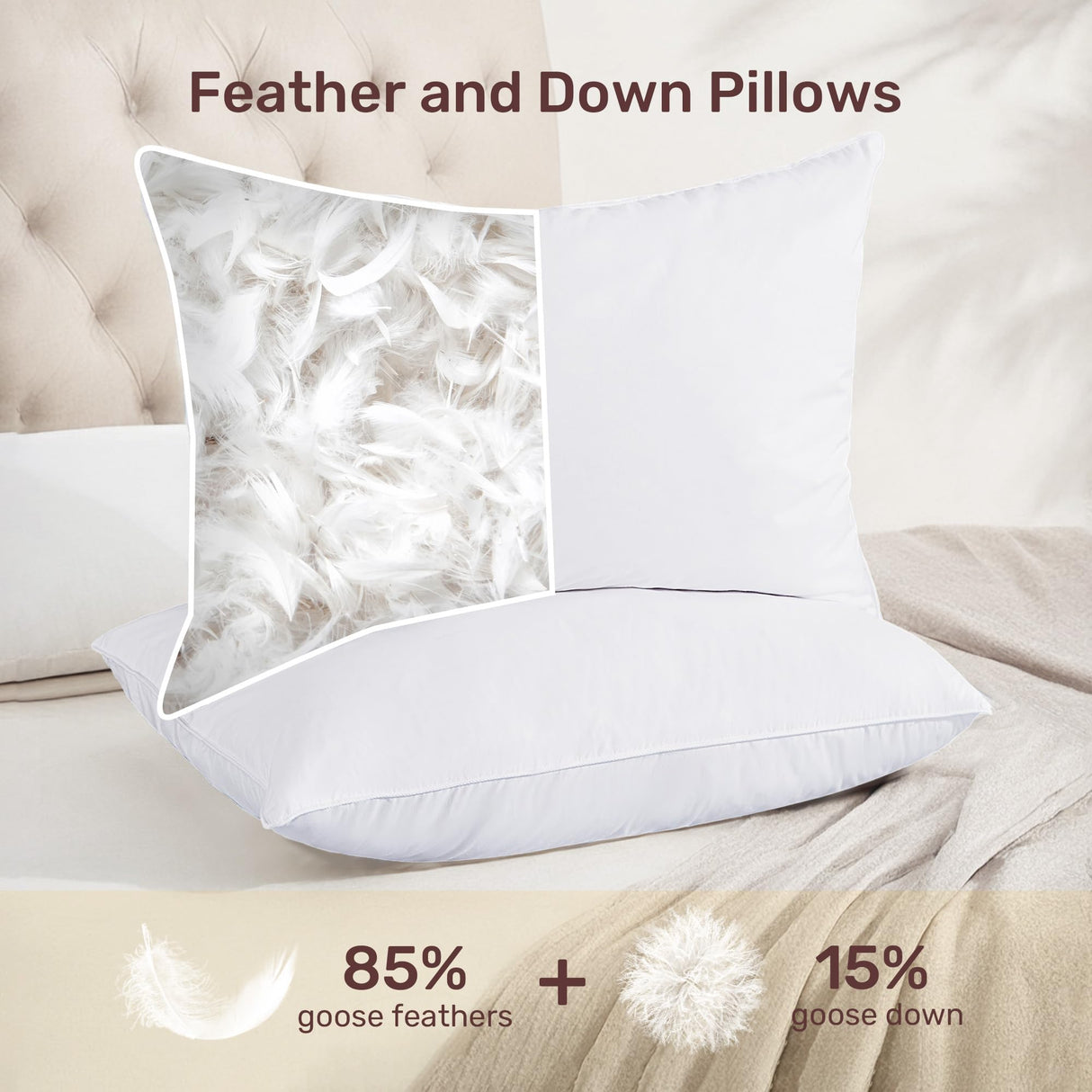 Goose Feather Down Pillows for Sleeping, Hotel Collection Pillow Standard/Queen Size Set