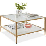 32” Square Glass Coffee Table, Large 2-Tier Accent Furniture for Living Room