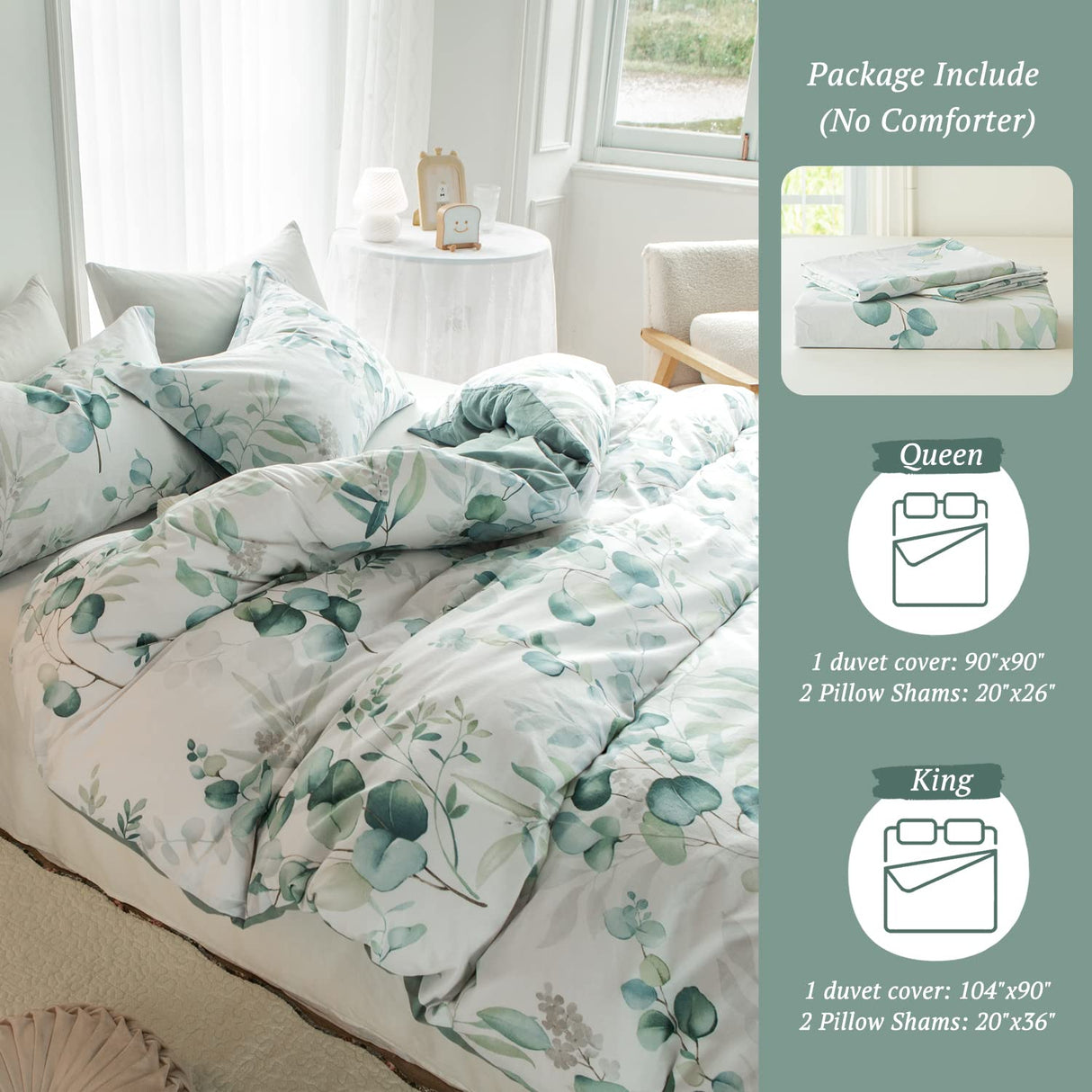MILDLY Duvet Cover Leaf Pattern- 100% Washed Cotton Eucalyptus Printed Sage Green Comforter Cover Linen Feel Bedding Set with Zipper Closure 4 Ties Queen Size