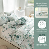 MILDLY Duvet Cover Leaf Pattern- 100% Washed Cotton Eucalyptus Printed Sage Green Comforter Cover Linen Feel Bedding Set with Zipper Closure 4 Ties Queen Size