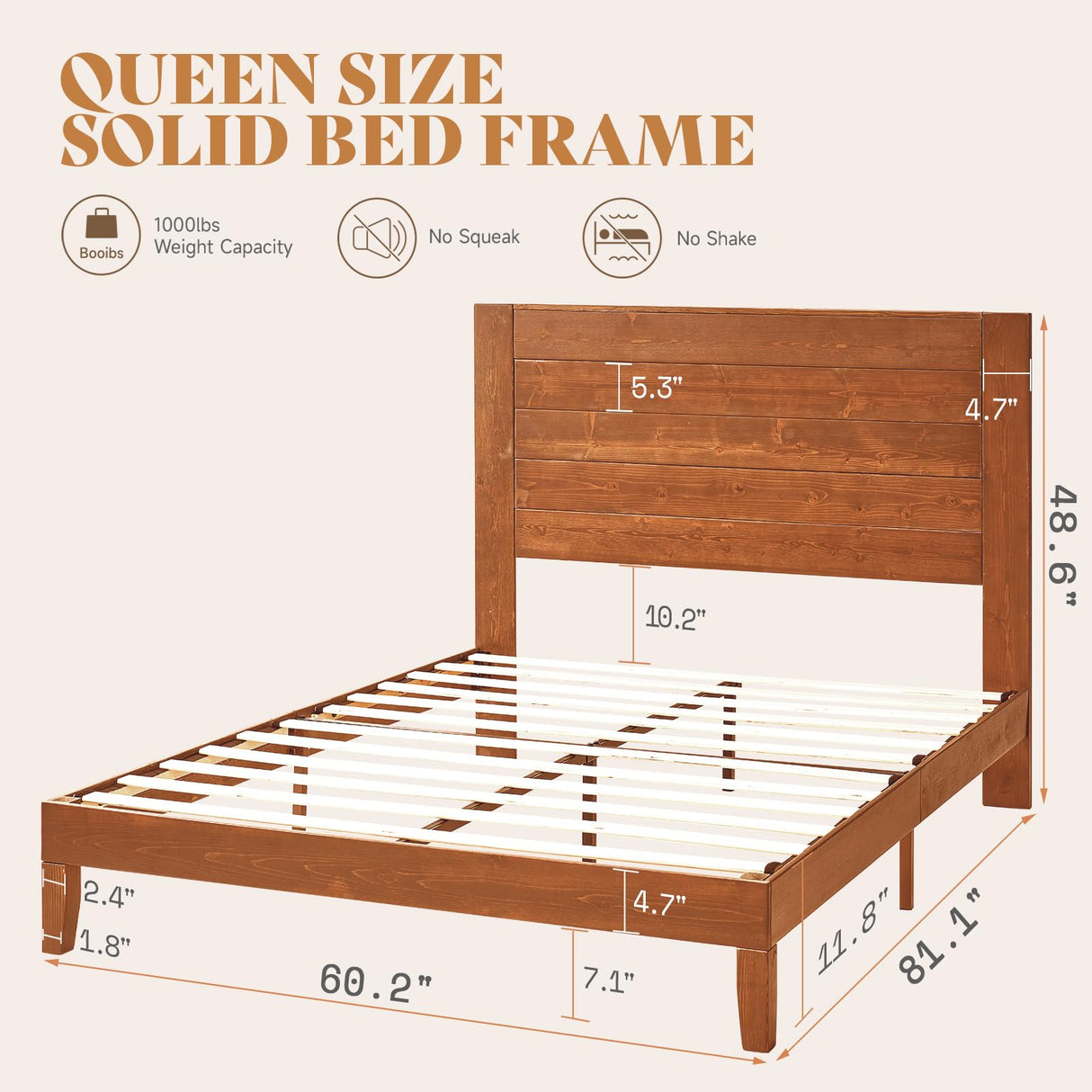 Solid Wood Bed Frame, Queen Size Wooden Platform Bed with 48" Headboard, Mid