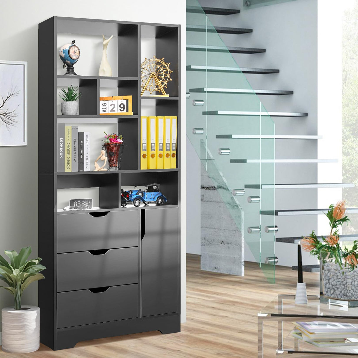 Stylish Black Bookshelf, 71" Tall Bookshelf with Doors and 3 Drawers, Wood Bookshelf