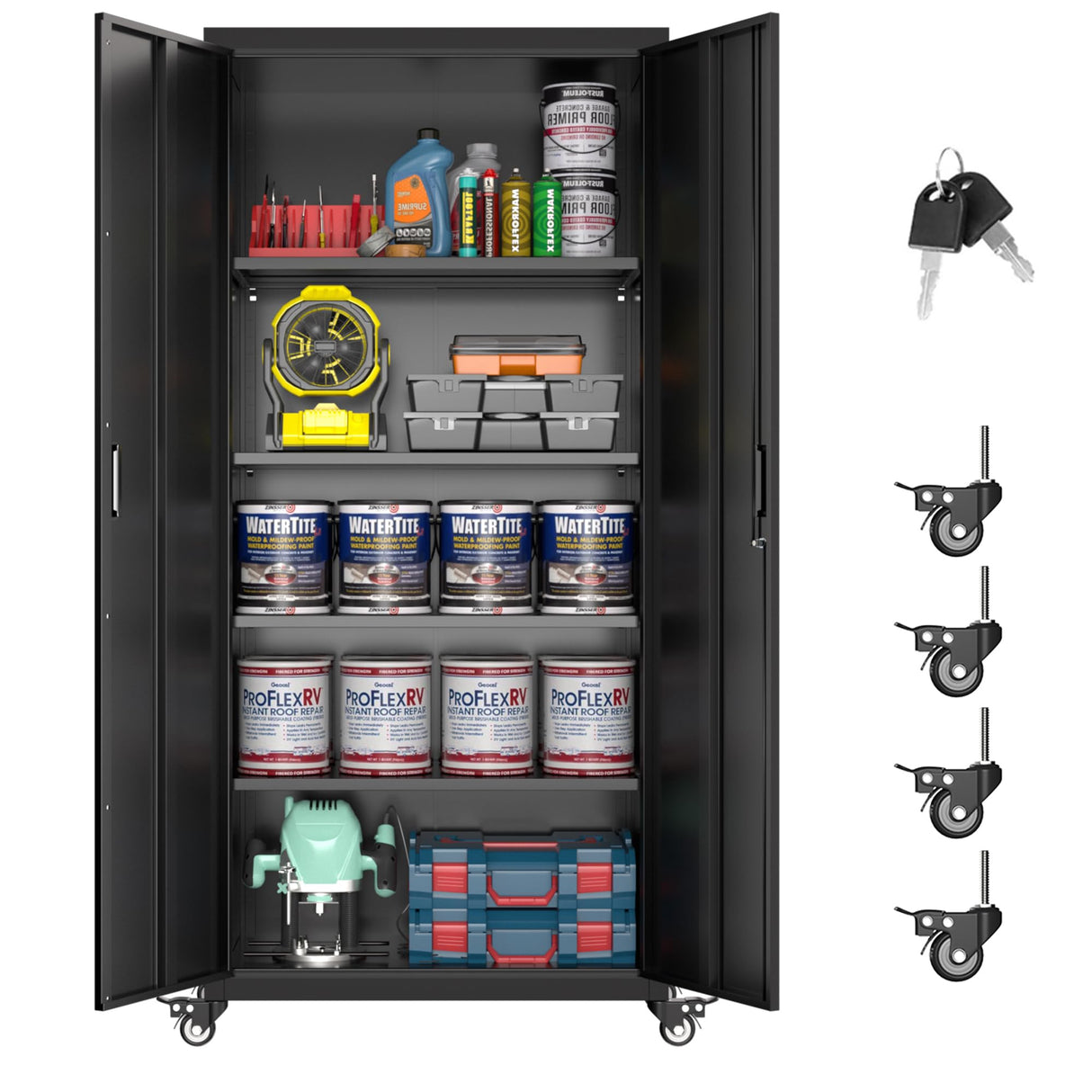 73''H Garage Storage Cabinet with Wheels,Steel Cabinets with 2 Doors and 4 Adjustable