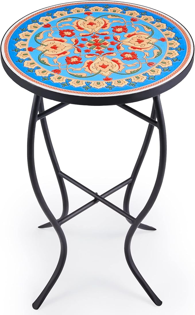 21" Mosaic Plant Stand, 14 Inch Round Side Table with Ceramic Tile Top