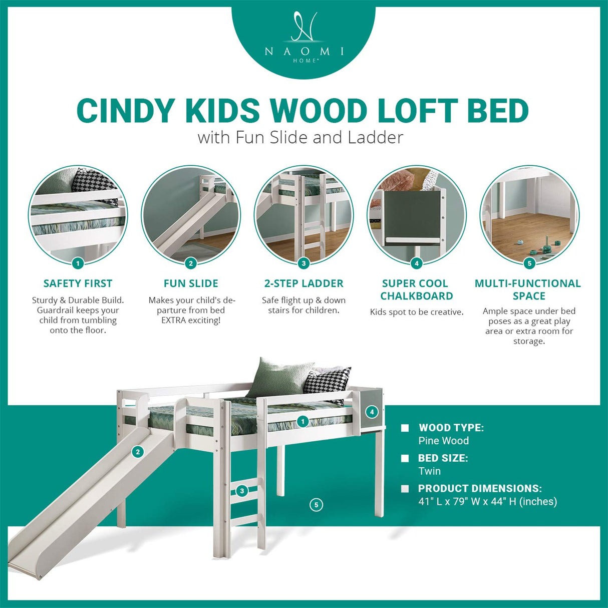 Cindy Kids Loft Bed with Slide, Twin Loft Bed with Slide, Toddler Loft Bed