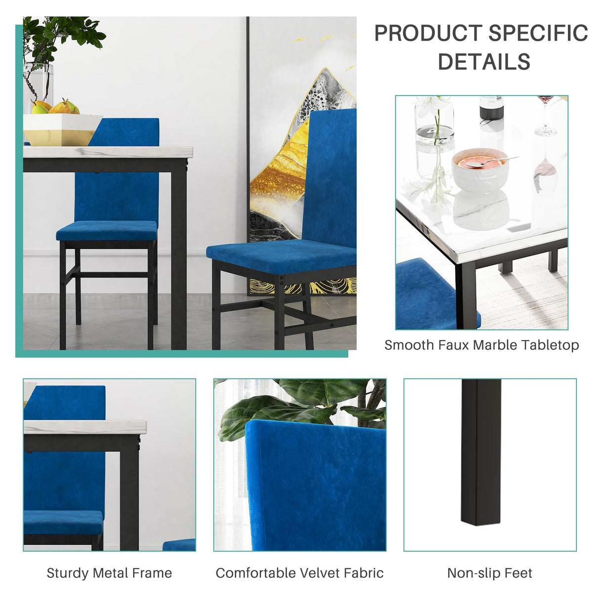 5-Piece Faux Marble Dining Table Set with Velvet Chairs