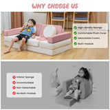 Modular Kids Play Couch, Kids Couch with Washable Velvet Cover, Modular Couch for Boys and Girls, Convertible Foam and Floor Cushion for Nursery Playroom, Pink & Beige