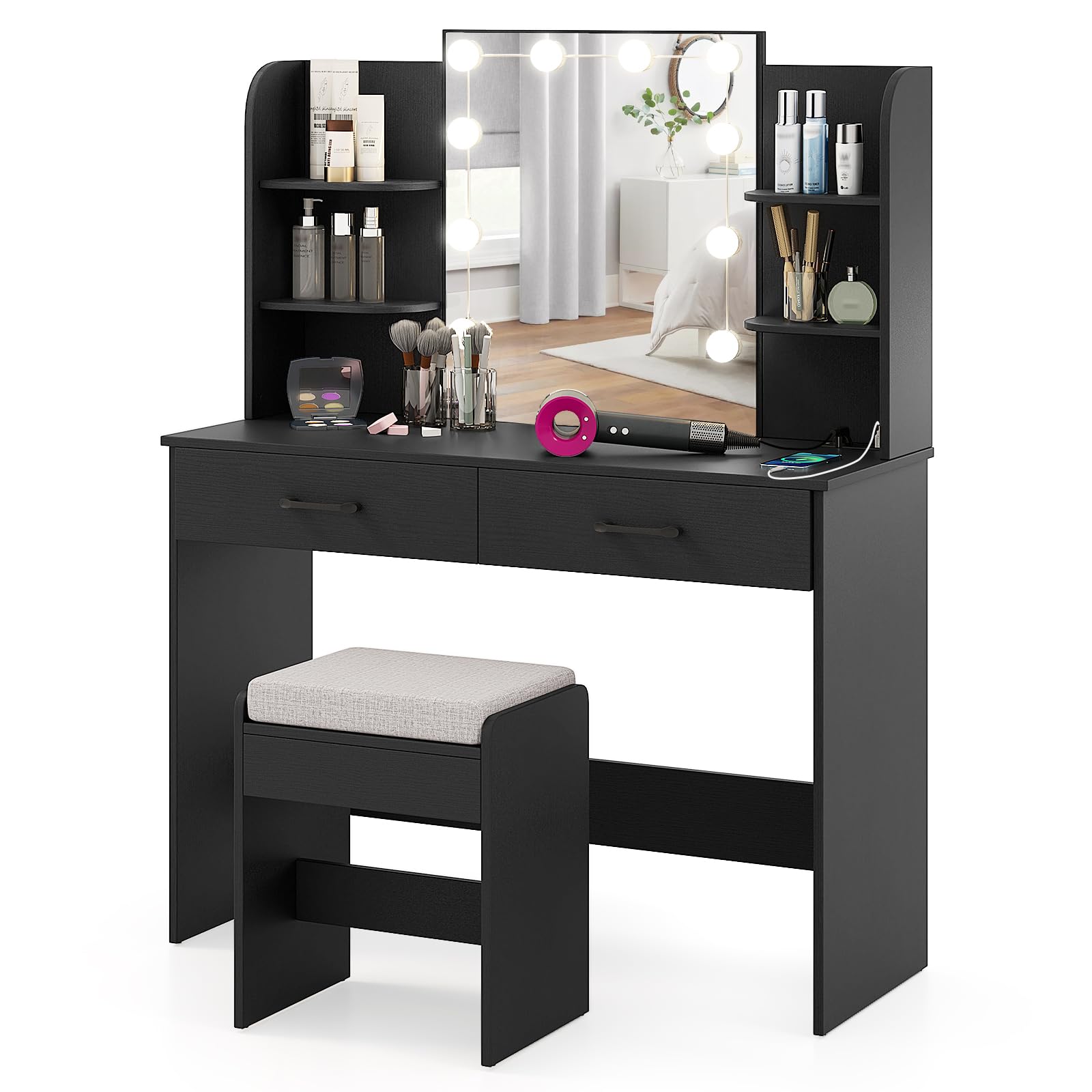 Makeup Vanity Desk with Lighted Mirror, Dressing Table & Stool Set with Charging Station, 3-Color Adjustable LED Lights, Drawers & Open Shelves for Bedroom (Black)
