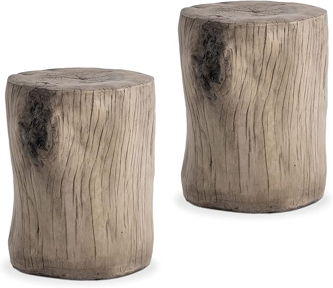 2 Pieces Outdoor Antique Beige Side Table Faux Wood, Hand-Painted Wood Stump Stool