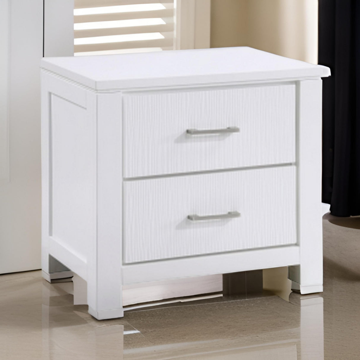 Roni 26 Inch Nightstand, 2 Drawers, Embossed Design, Solid Wood,