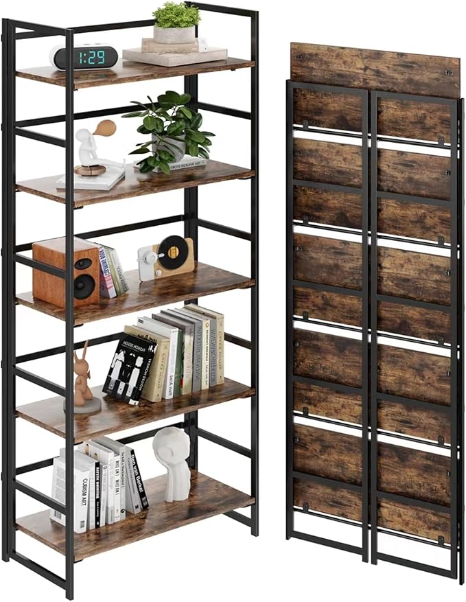 Vintage Multifunctional Folding Bookshelf, No-Assembly Plant Stand Storage Rack Shelves