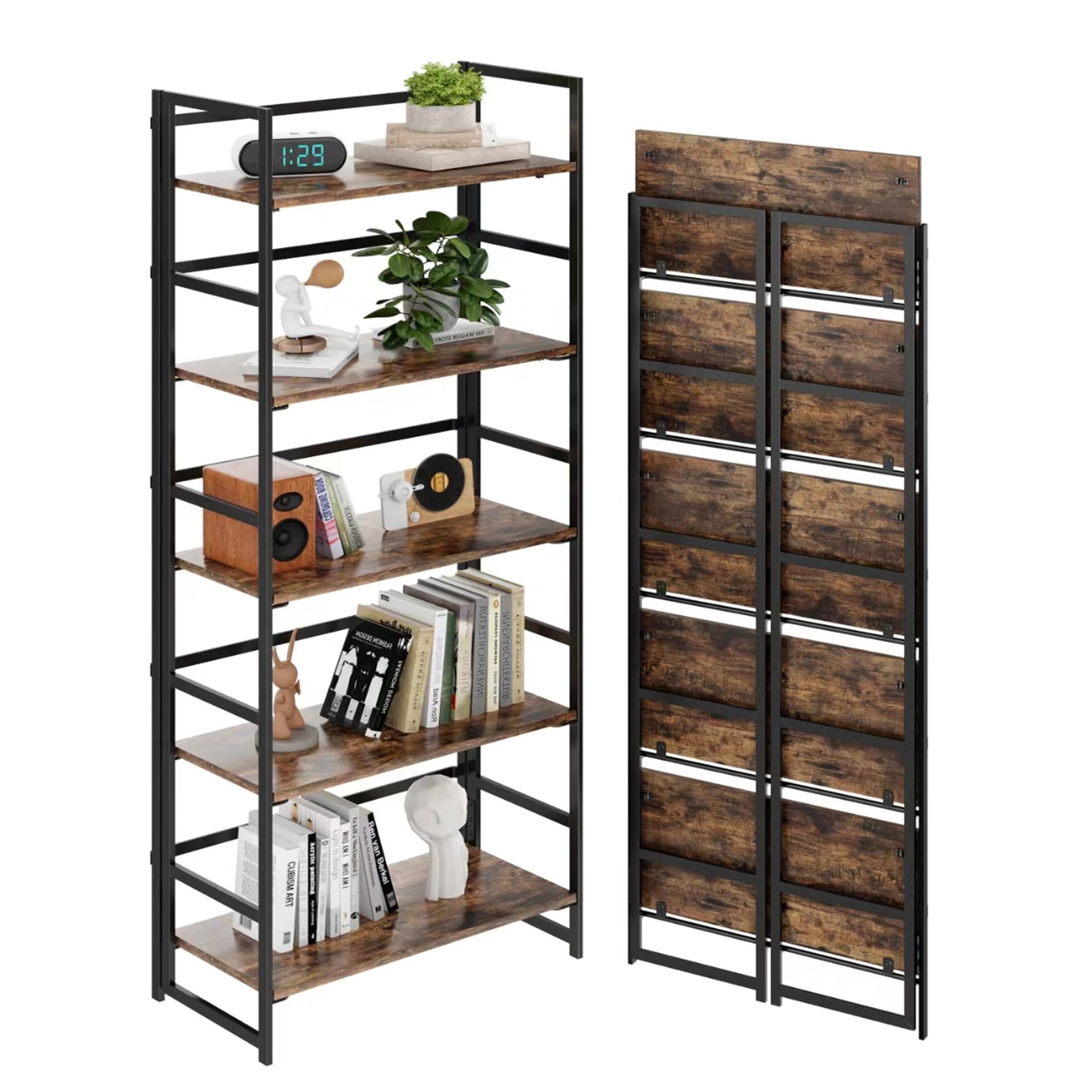 Vintage Multifunctional Folding Bookshelf, No-Assembly Plant Stand Storage Rack Shelves