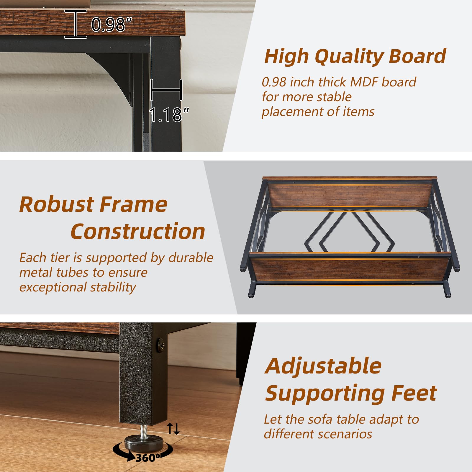 2-Tier Industrial Console Table - Rustic Brown Entryway Table 47"