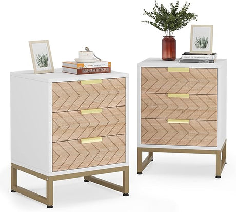 3 Drawers Nightstand Set of 2, Modern Bedside Table with Unique Chevron Design