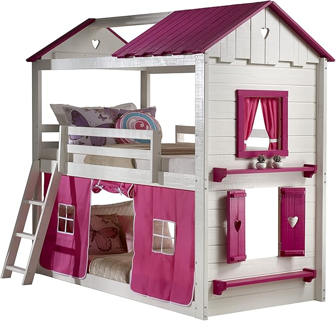 Sweet Heart Novelty Twin Over Twin Bunkbed in White & Pink Finish with Pink Tent