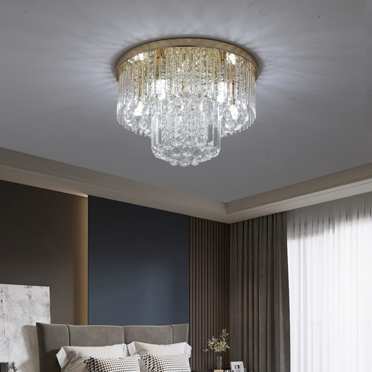 Gold Crystal Raindrop Chandelier Flush Mount Ceiling Light, 5 Lights Modern Round K9 Crystal Chandelier