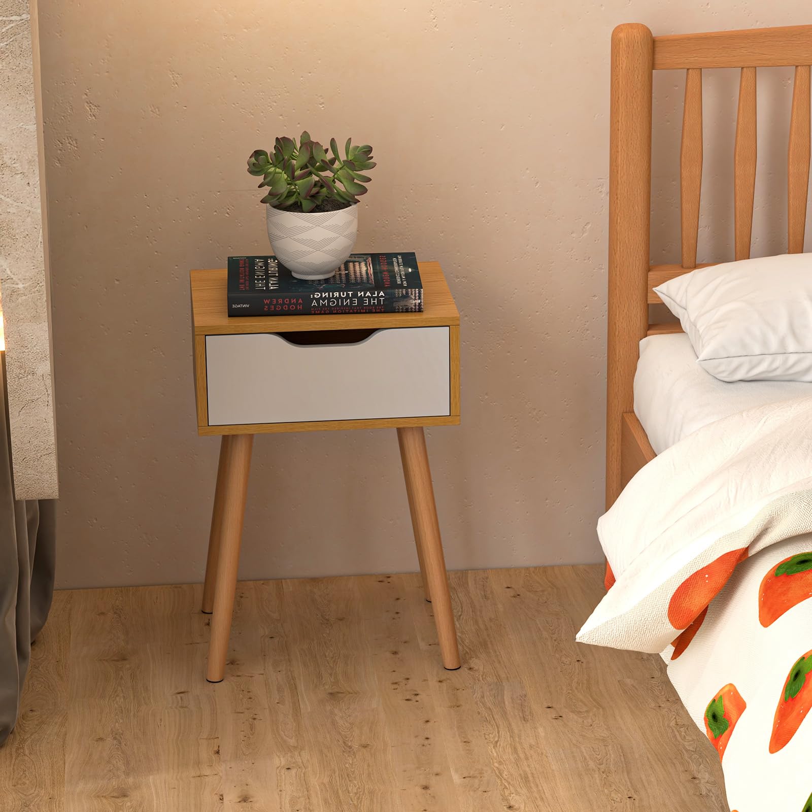 Nightstand Set of 2 with Drawer, Mid Century Modern Bedside Table