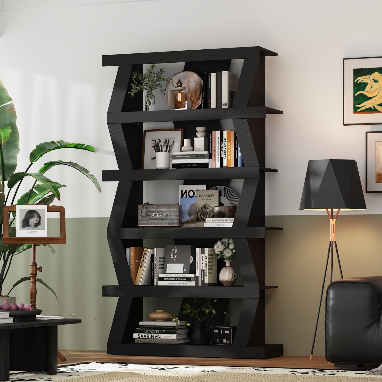 FAMAPY 63.8” Wavy-Shaped Bookshelf with 5-Tier Shelves, Standing Display Book Shelves, Book Case Shelf Wood Open Bookcase for Home Office Living Room 11.5”D x 35.4”W x 63.8”H