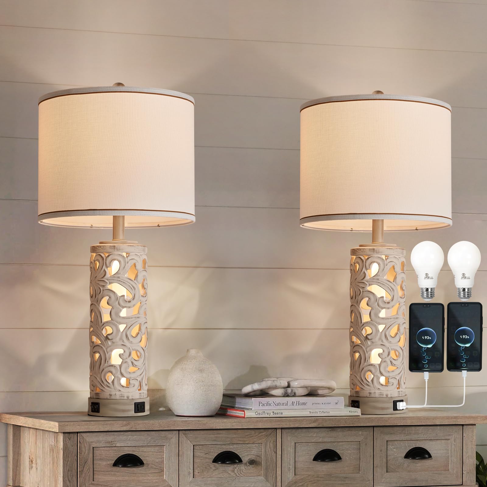 Set of 2 Table Lamps with Night Light, 28" Farmhouse Table Lamp