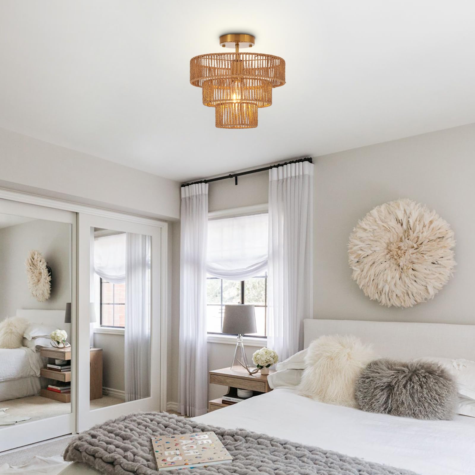 Hand-Woven Rattan Semi Flush Mount Ceiling Light Fixture Vintage Farmhouse Boho