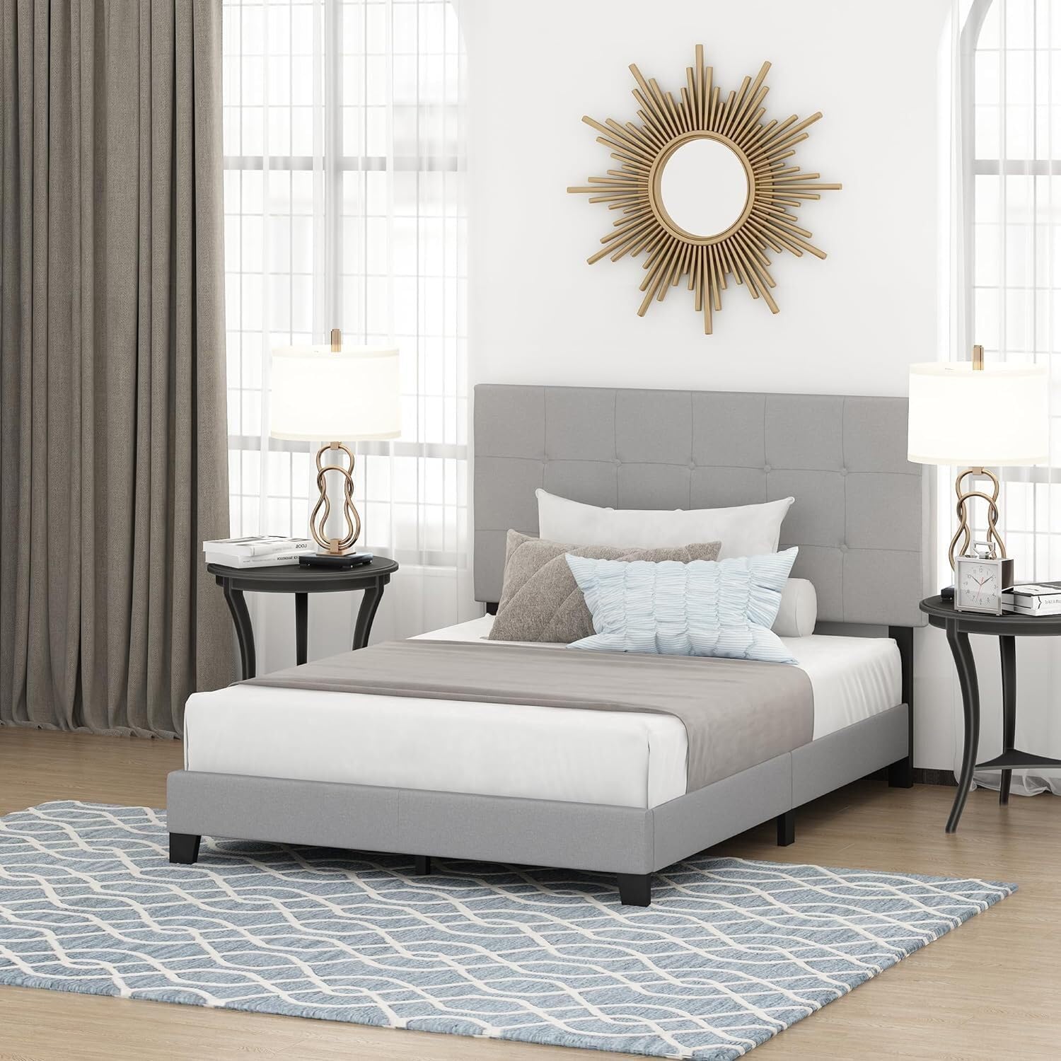 Tufted Bed Frame in Linen with 12 Piece Slat Style, King Size for A Stylish
