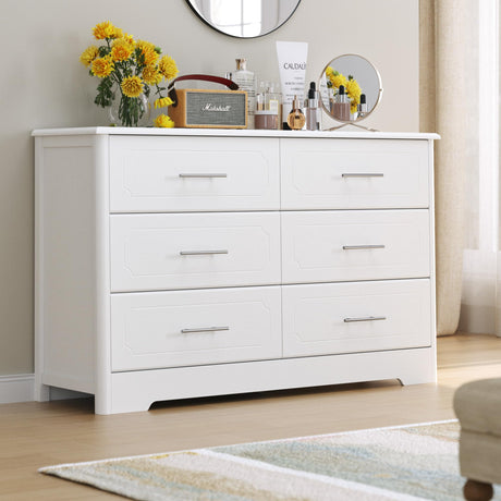 6 Drawer Dresser, Modern White Wide Chest of Drawers with Metal Handels