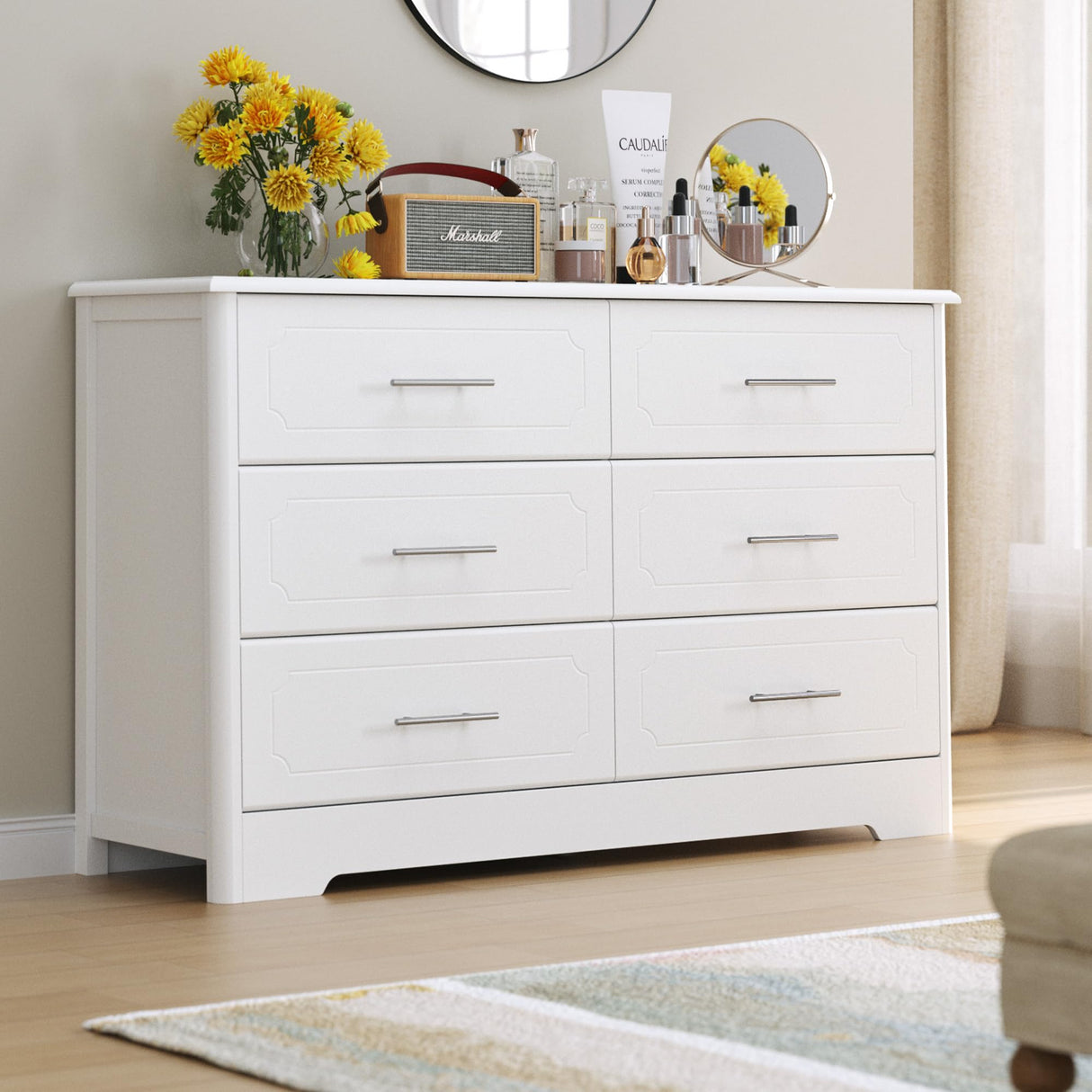 6 Drawer Dresser, Modern White Double Dresser, Wide Chest of Drawers with Metal