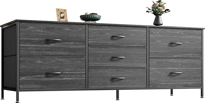 Dresser for Bedroom, 55 Inch Dresser TV Stand for 43, 55, 60 Inch TV, Long Dresser, Fabric Dresser, TV Stand with 7 Drawers, Storage Dresser for Closet, Clothing, Rustic Brown