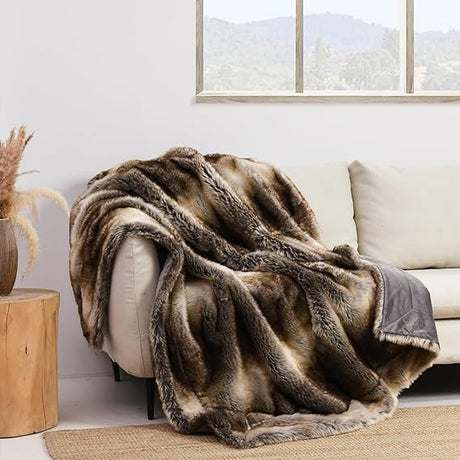 Luxury Plush Faux Fur Throw Blanket, Long Pile Golden Yellow with Black Tipped Blanket