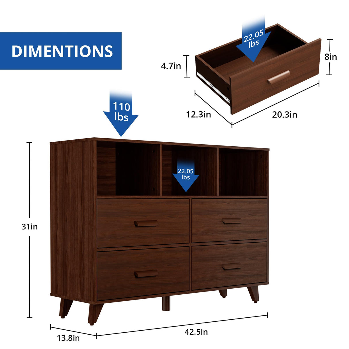 Dresser TV Stand for Bedroom, TV Console Table with 4 Drawers & 3 Open Shelves for 50" TV