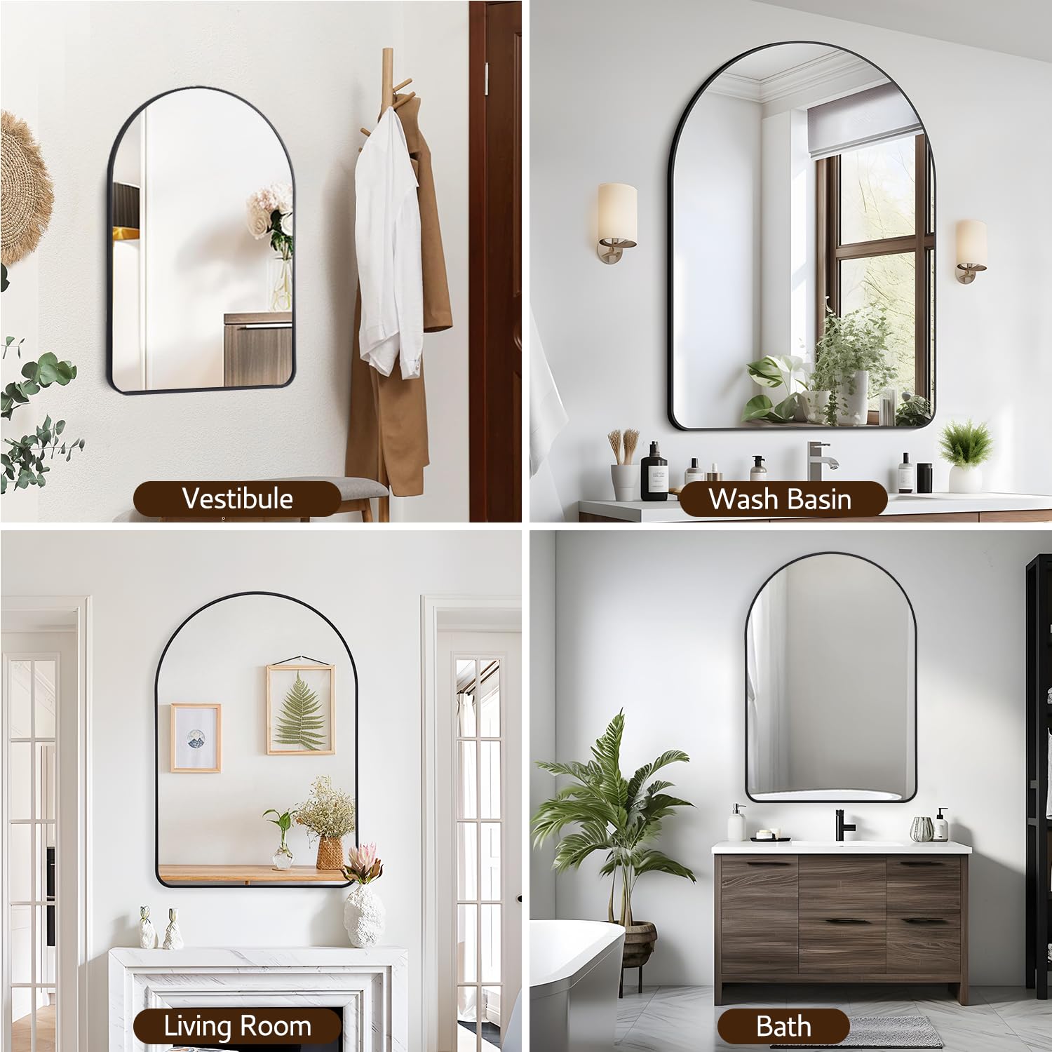 Black Mirror 24"x36" Arched Mirror Black Vanity Wall Mirror, Wall Mounted Mirror