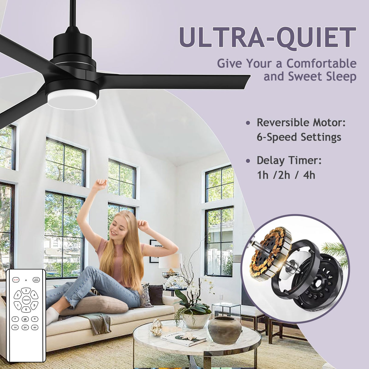 Ceiling Fans with Lights and Remote, 52 Inch Black Ceiling Fan with Remote 6 Speed