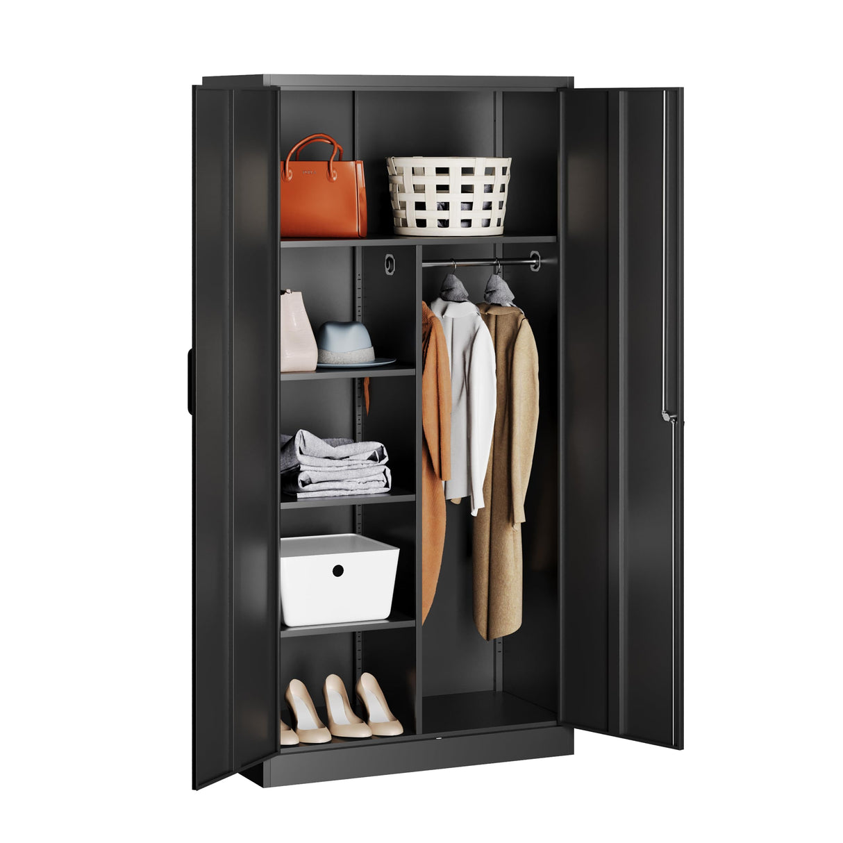 Metal Wardrobe Cabinet with Lock,72" Armoire Closet with Hanging Rod,Lockable Storage Locker,Black Storage Cabinet with Locking Doors,Garage Closet,Steel Wardrobe for Home,Bedroom,Office,Employee,Shop