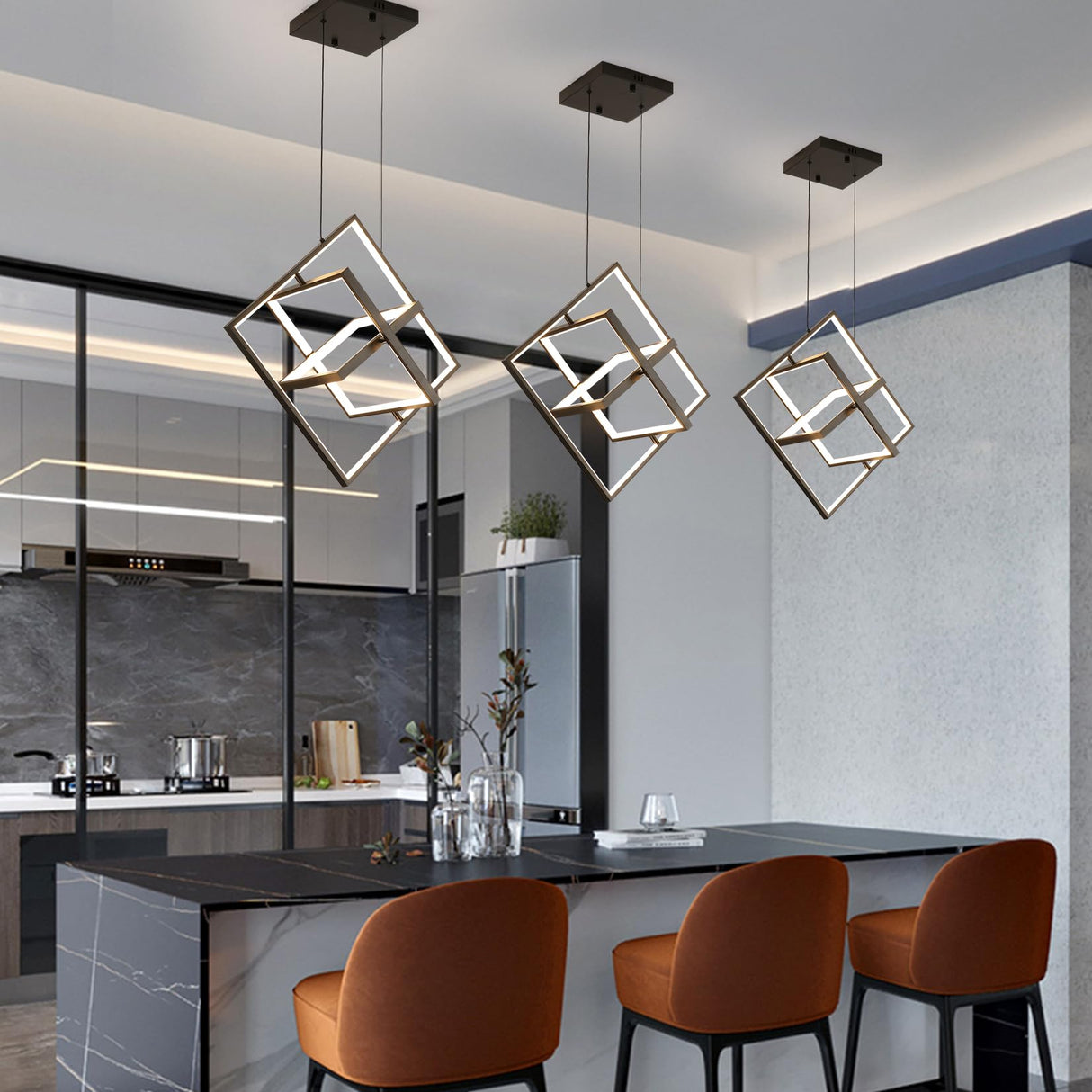 Modern Black LED Chandelier Dimmable LED Pendant Light Kitchen Island Square