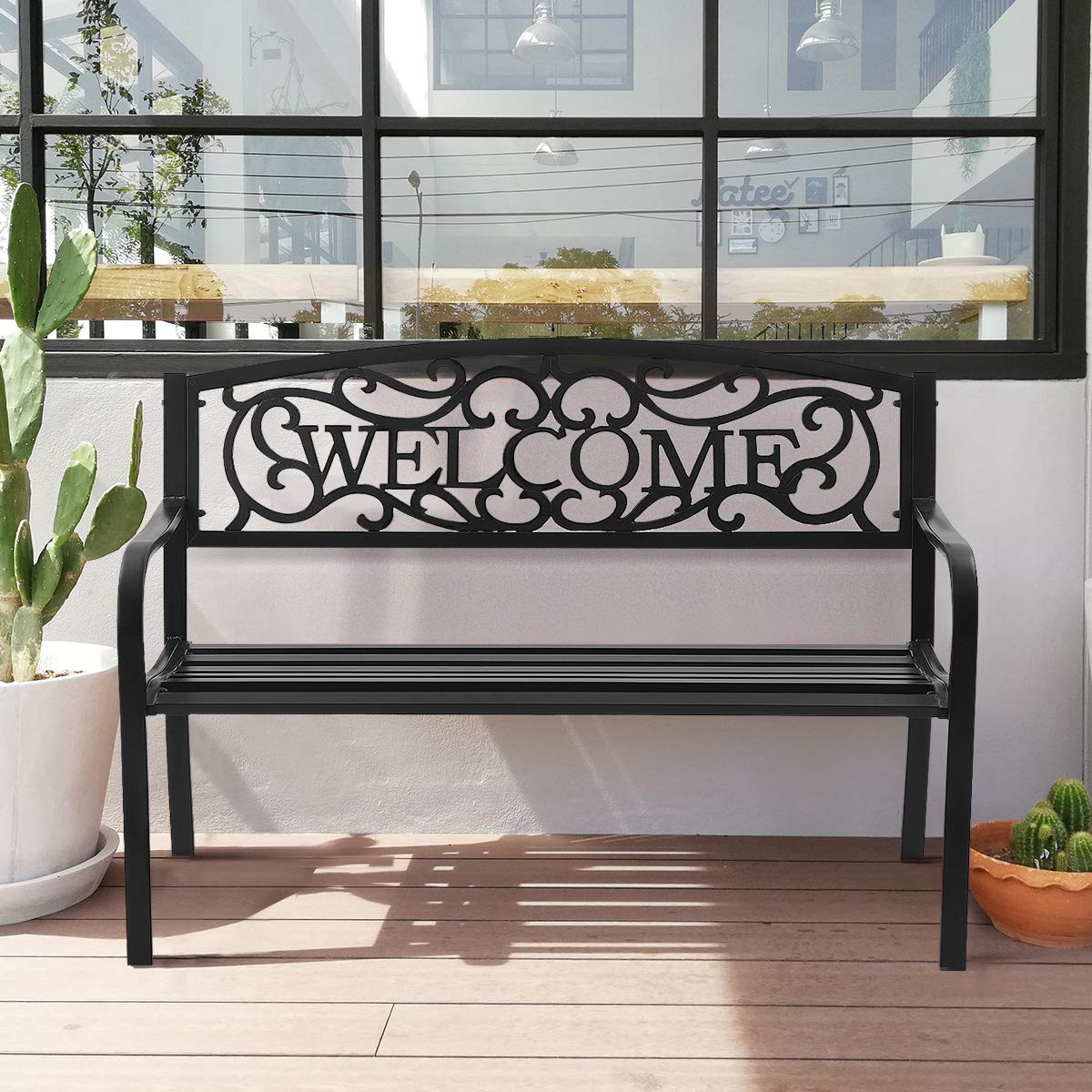 Garden Bench, Antique Metal Outside Bench w/Warm Welcome Pattern