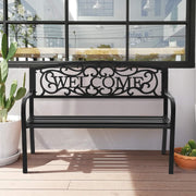Garden Bench, Antique Metal Outside Bench w/Warm Welcome Pattern
