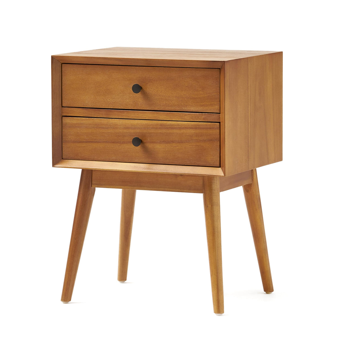 Mid-Century Acacia Wood Nightstand with 2 Drawer, End Table, Bedroom Storage