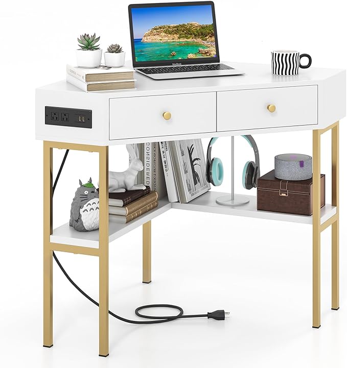 White Corner Desk with 2 Drawers & Built-in Charging Station, 90 Degrees Triangle