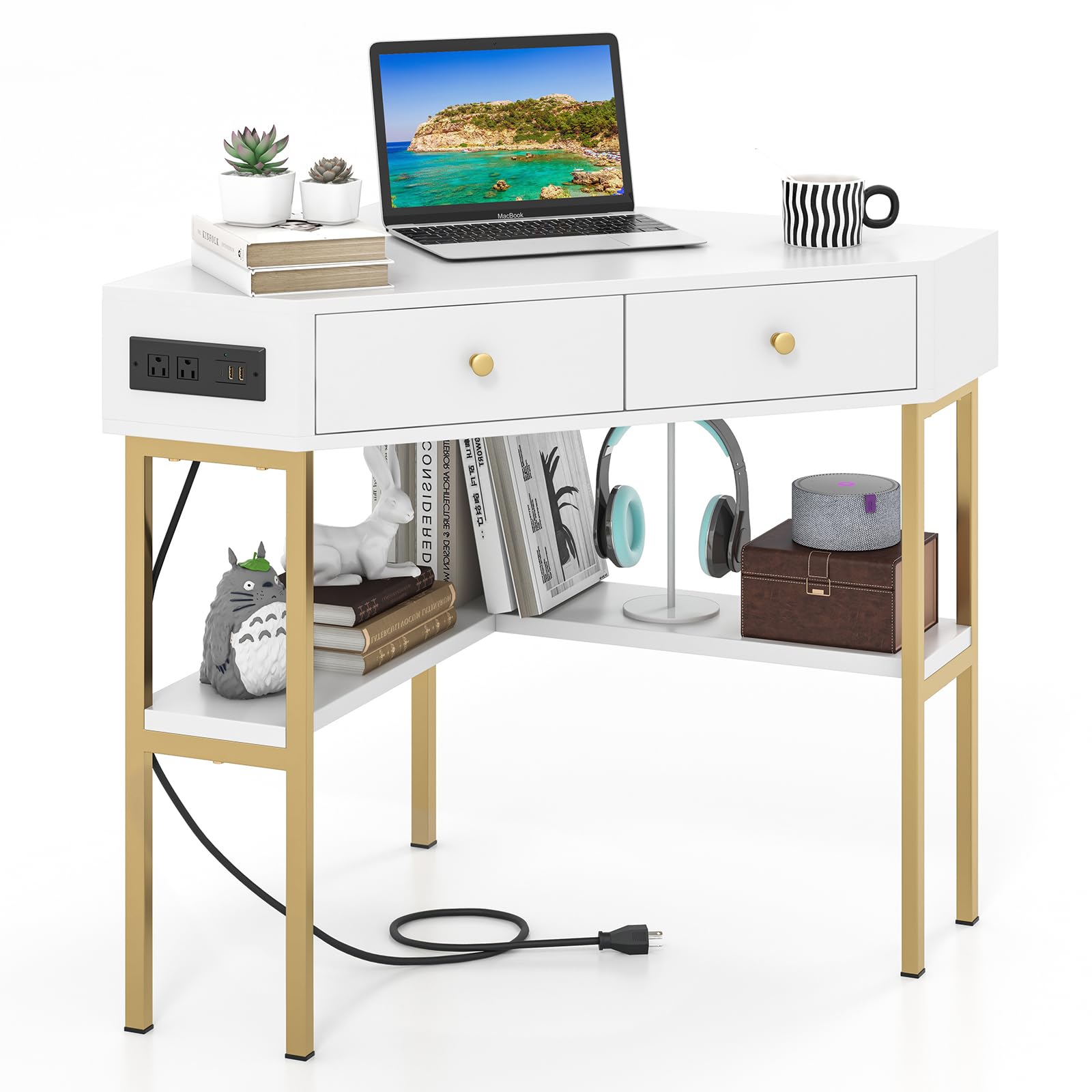 White Corner Desk with 2 Drawers & Built-in Charging Station, 90 Degrees Triangle