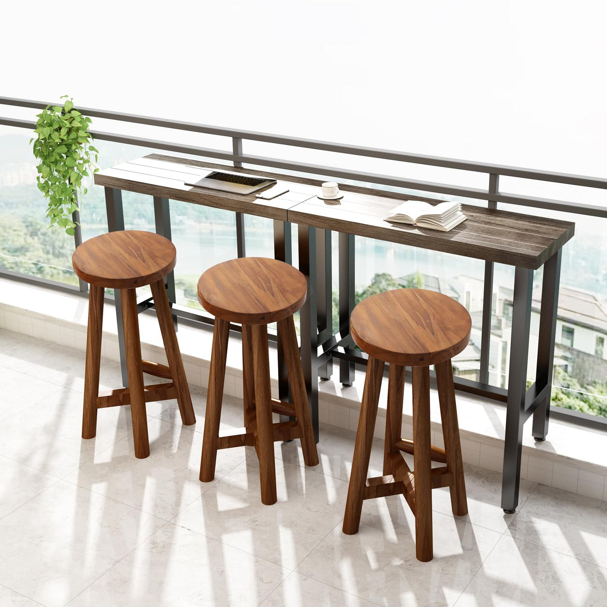 Bar Stool with Round Seat for Kitchen Island Counter, Solid Teak Wood Barstool