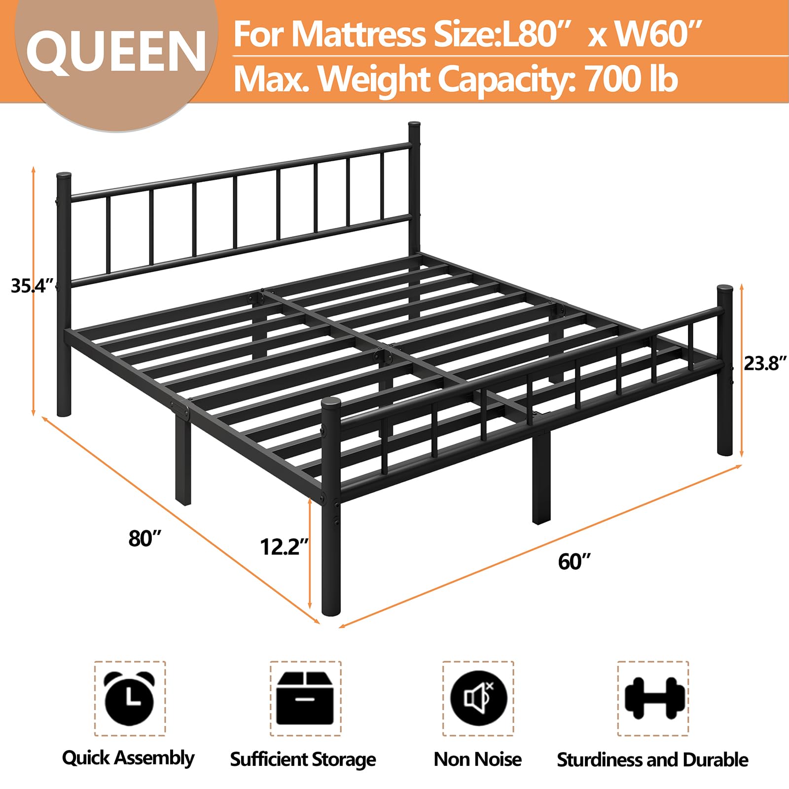 Queen Size Metal Bed Frame with Headboard & Footboard - 14 Inch Platform with Steel Slat Support